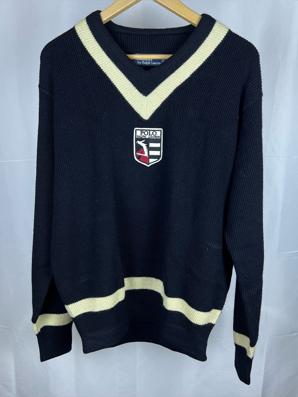 Vintage Polo Ralph Lauren Ski Jumper V Neck Wool Black Mens Size XL Sweater